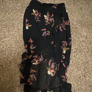 A New Day Hi Lo Skirt Medium Black Floral Print Sheer Pull On Ruffle Elastic NWT